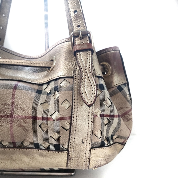 Burberry Gold/Beige Lazer Cut Check Haymarket Drawstring Tote - Picture 6 of 13